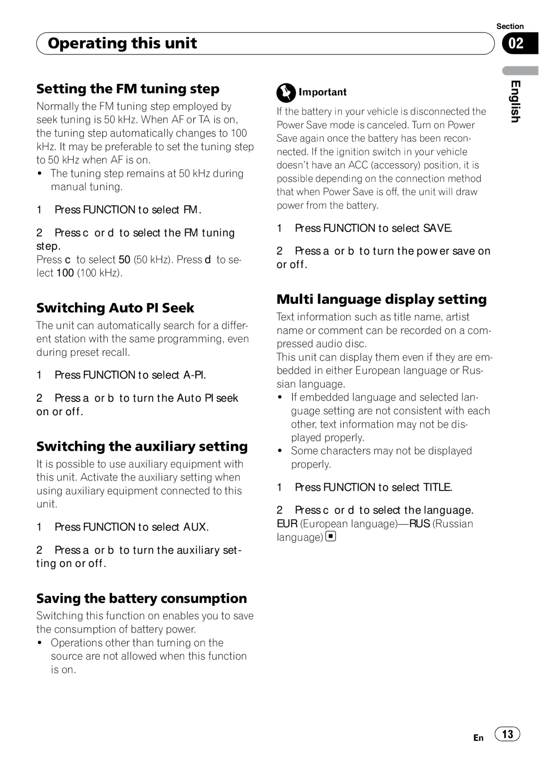 Pioneer DEH-200MP owner manual Setting the FM tuning step, Switching Auto PI Seek, Switching the auxiliary setting 