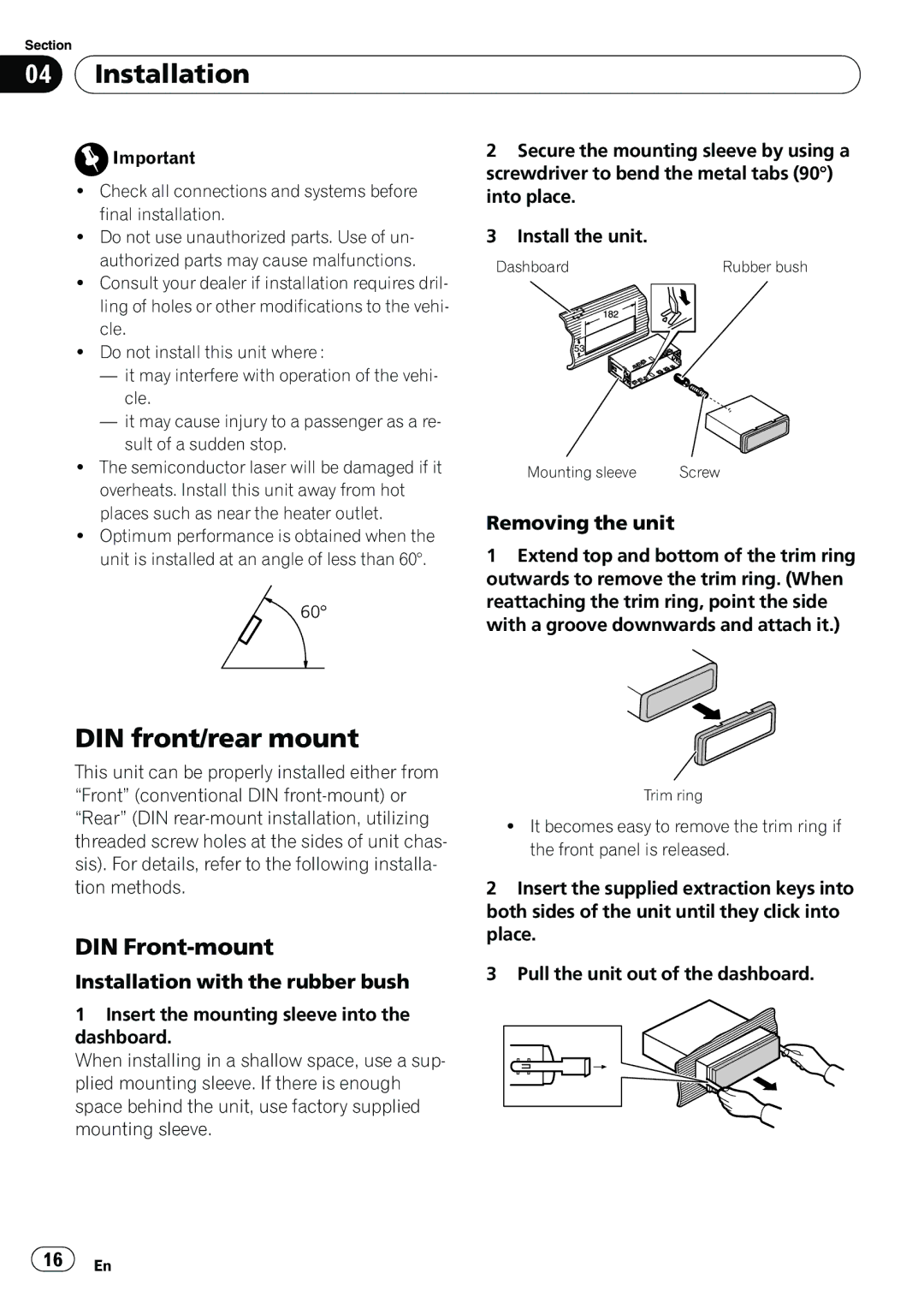 Pioneer DEH-200MP owner manual Installation, DIN front/rear mount, DIN Front-mount, Removing the unit 