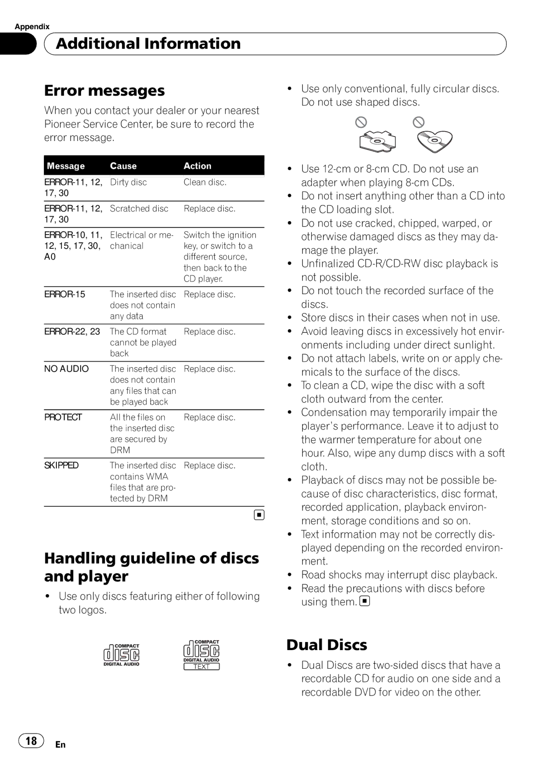 Pioneer DEH-200MP owner manual Additional Information Error messages, Handling guideline of discs, Player, Dual Discs 