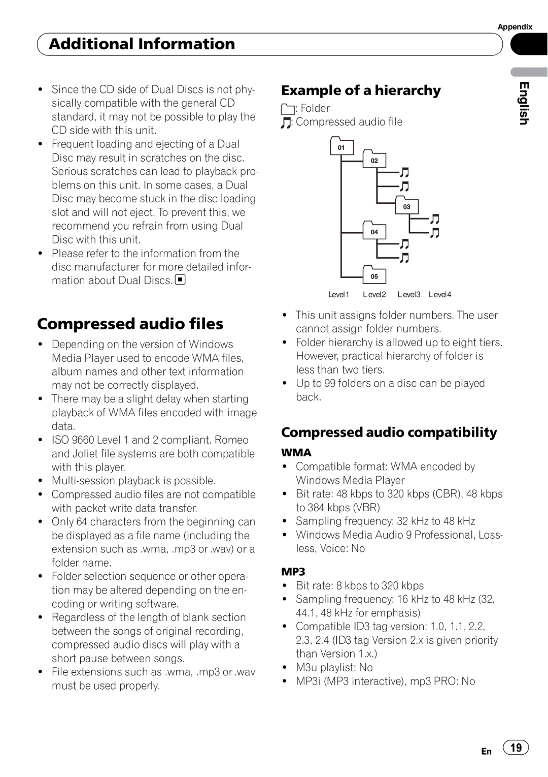 Pioneer DEH-200MP Additional Information, Compressed audio files, Example of a hierarchy, Compressed audio compatibility 