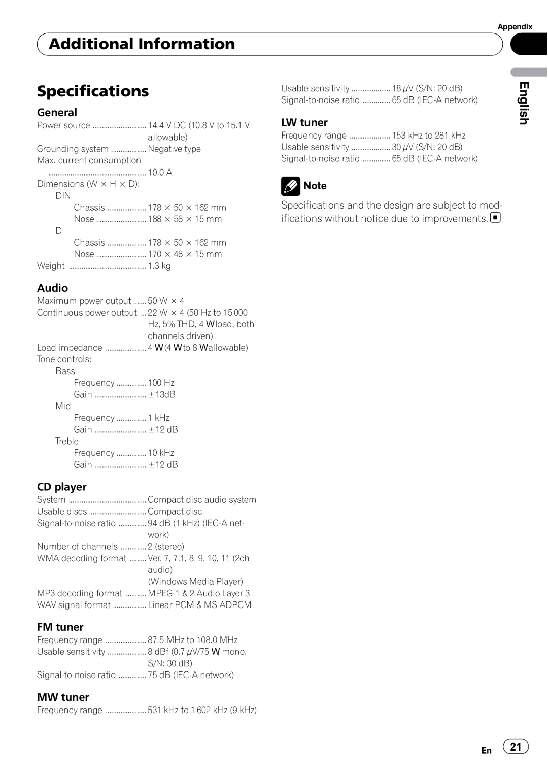 Pioneer DEH-200MP owner manual Additional Information Specifications 