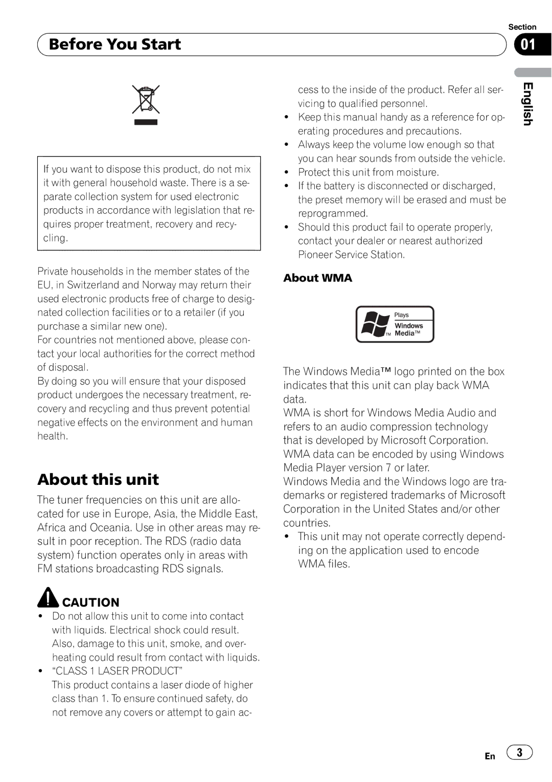 Pioneer DEH-200MP owner manual Before You Start, About this unit, Class 1 Laser Product 