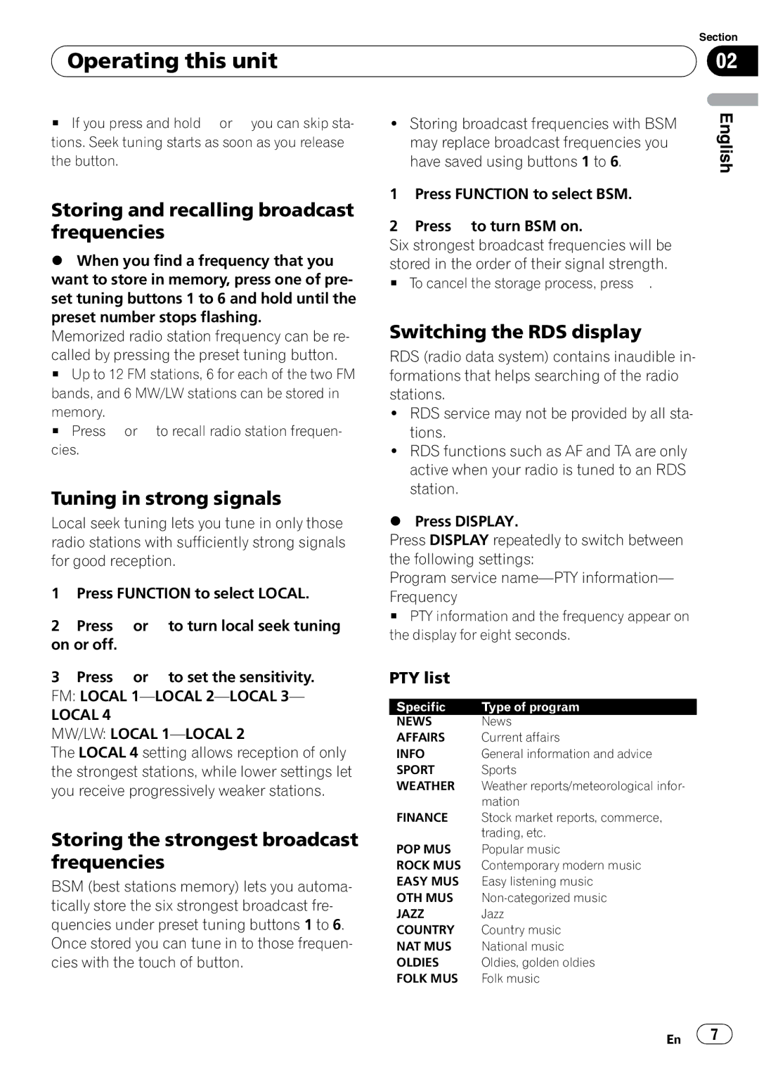 Pioneer DEH-200MP Storing and recalling broadcast frequencies, Tuning in strong signals, Switching the RDS display 