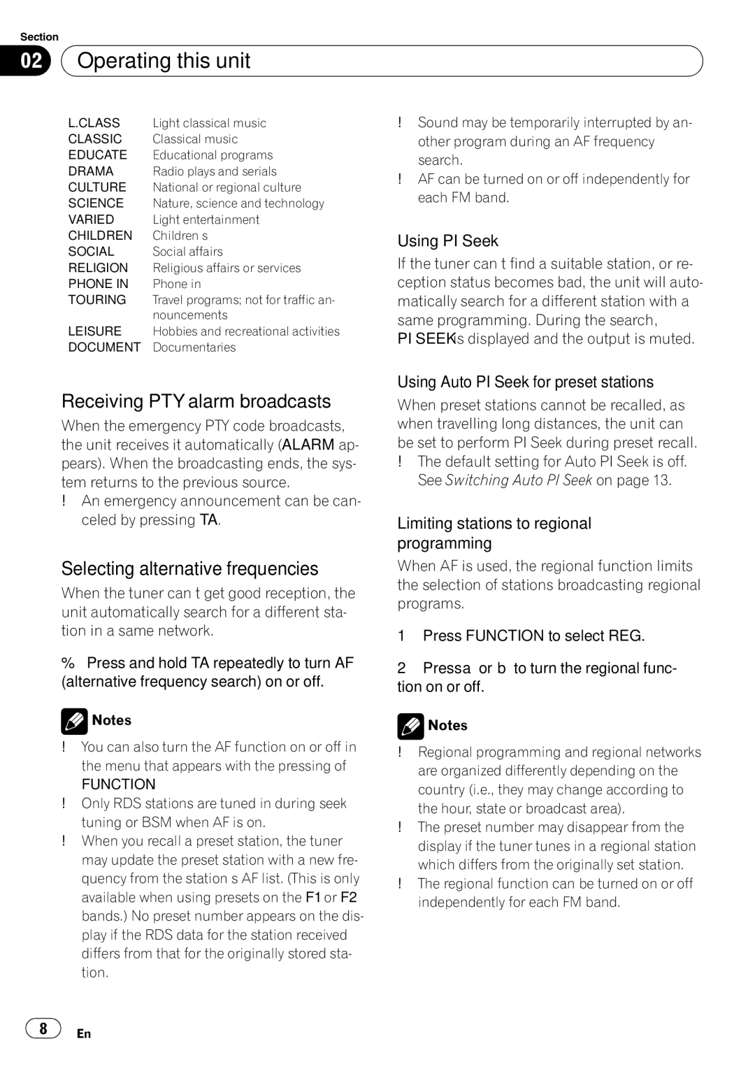 Pioneer DEH-200MP owner manual Receiving PTY alarm broadcasts, Selecting alternative frequencies, Using PI Seek 