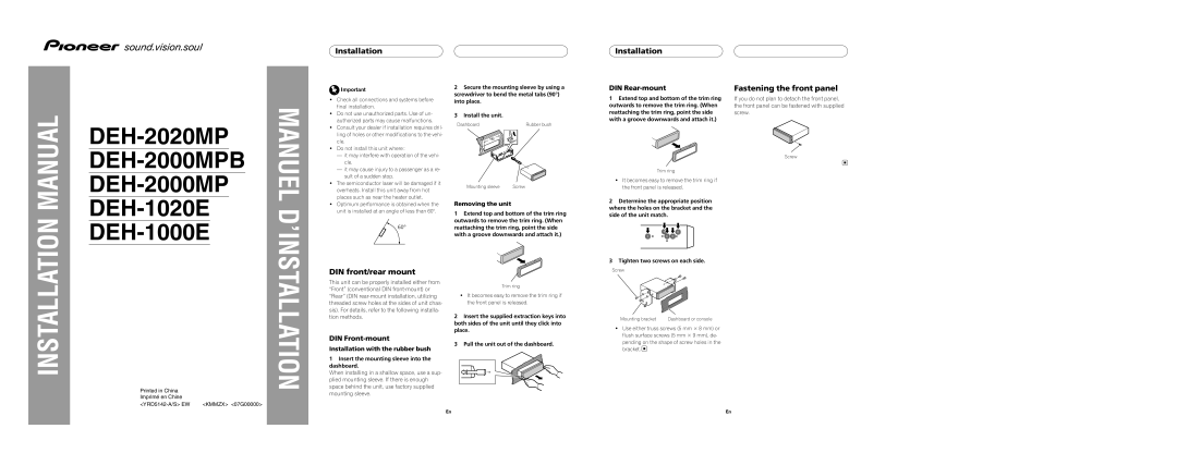 Pioneer DEH-2020MP installation manual Installation, Fastening the front panel, DIN front/rear mount, DIN Rear-mount 