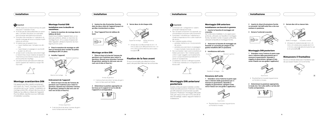 Pioneer DEH-2020MP installation manual Installation Installazione, Fixation de la face avant, Montage avant/arrière DIN 