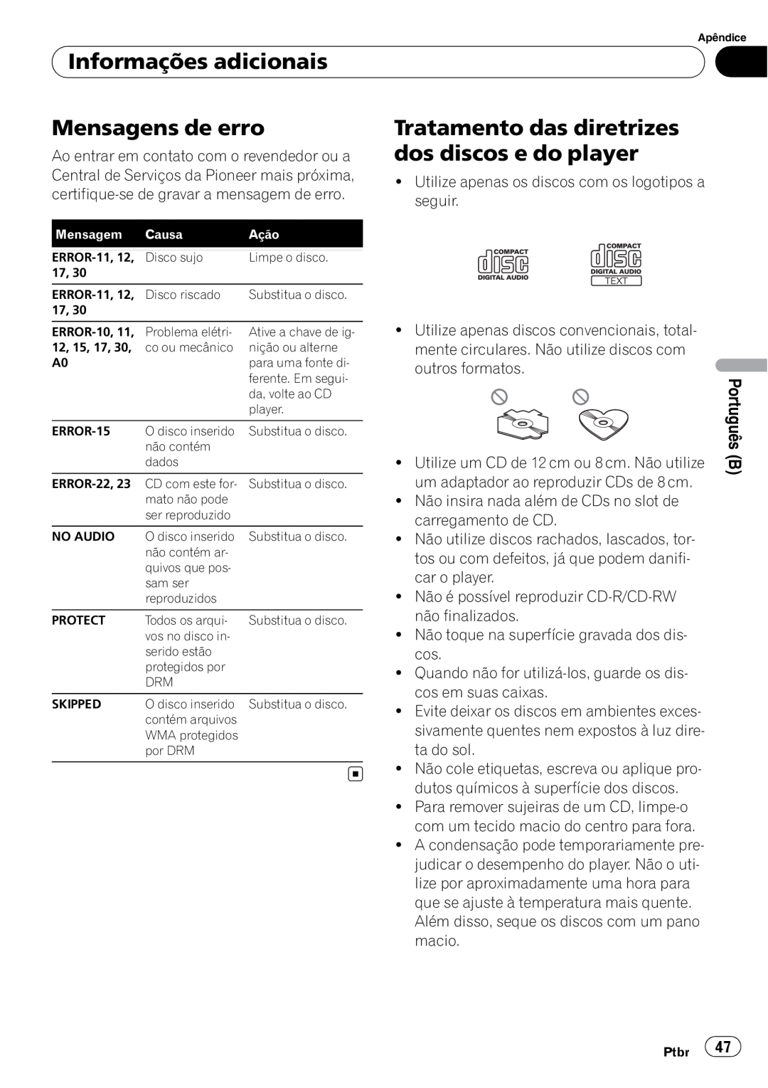 Pioneer DEH-2050MPG Informações adicionais, Mensagens de erro, Tratamento das diretrizes dos discos e do player 