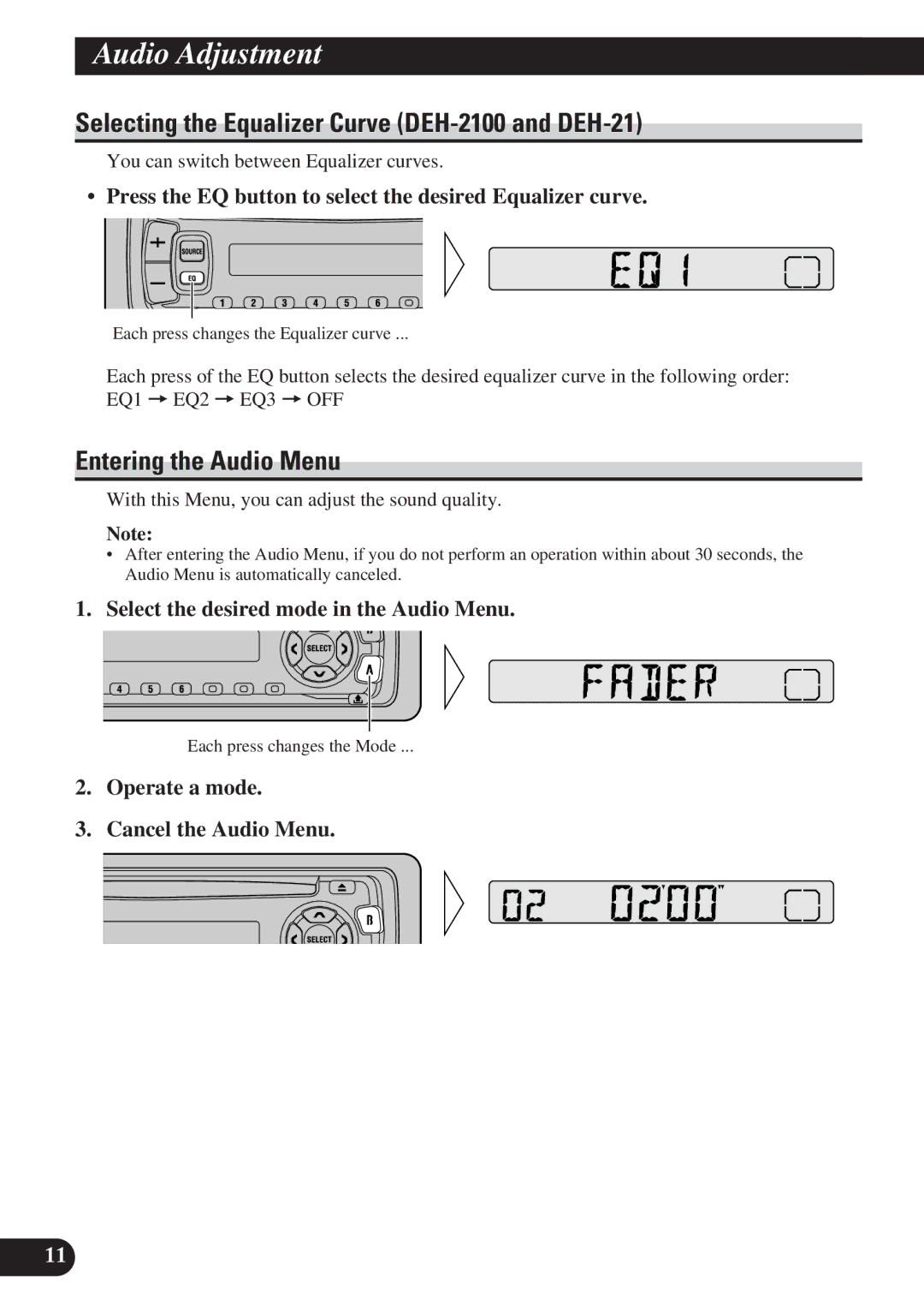 Pioneer DEH-21 DEH-11, DEH-1100 AudioTitleAdjustmentEnglish, Selecting the Equalizer Curve DEH-2100 and DEH-21 