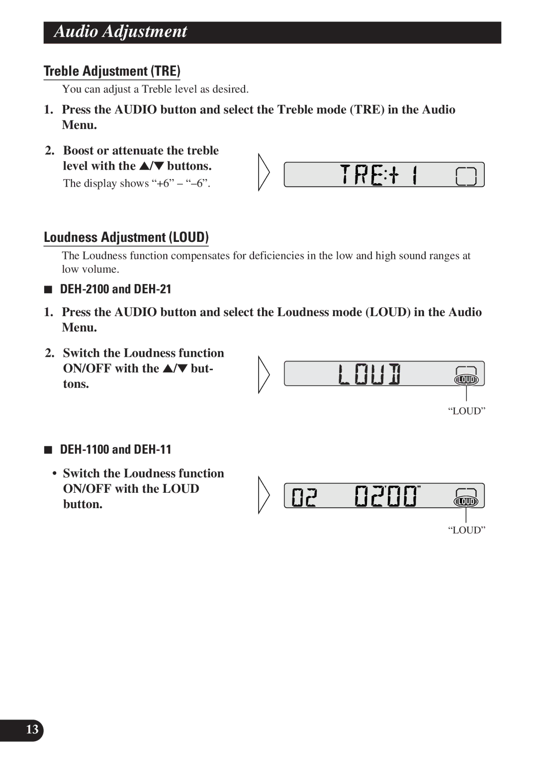 Pioneer DEH-1100, DEH-21 DEH-11 Audio Adjustment, Treble Adjustment TRE, Loudness Adjustment Loud, DEH-2100 and DEH-21 