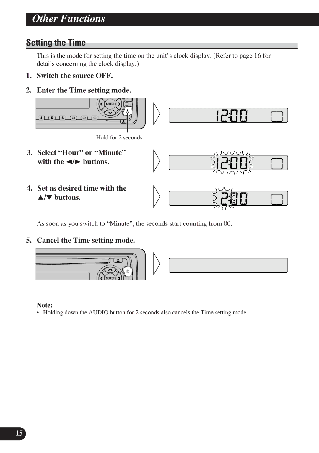 Pioneer DEH-2100 OtherA TitleFunctionsE glish, Setting the Time, Switch the source OFF Enter the Time setting mode 