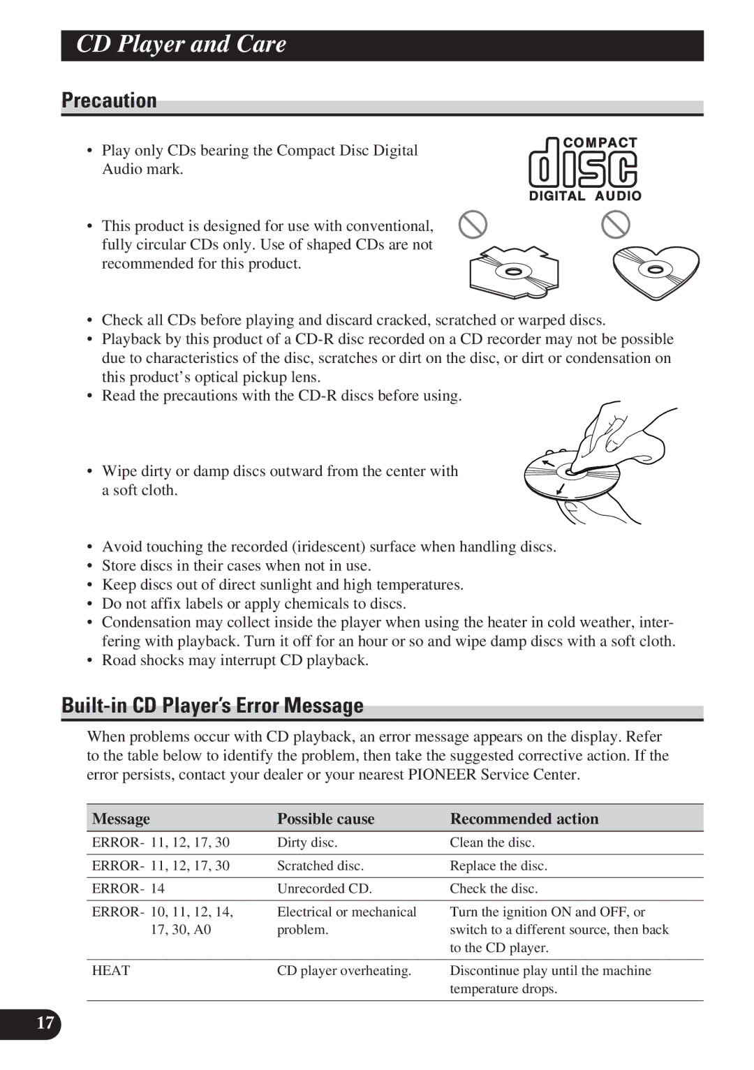 Pioneer DEH-21 DEH-11, DEH-2100, DEH-1100 operation manual CDA TitlePlayerEnglishand Care, Built-in CD Player’s Error Message 