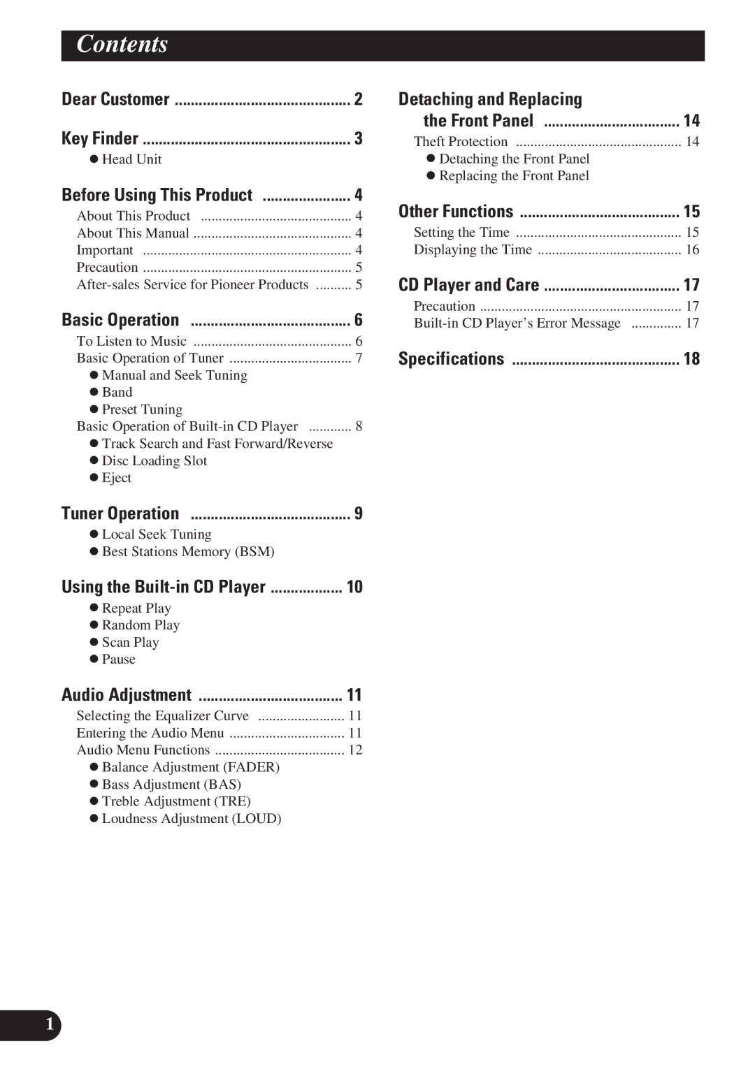 Pioneer DEH-1100, DEH-21 DEH-11, DEH-2100 operation manual Contents 