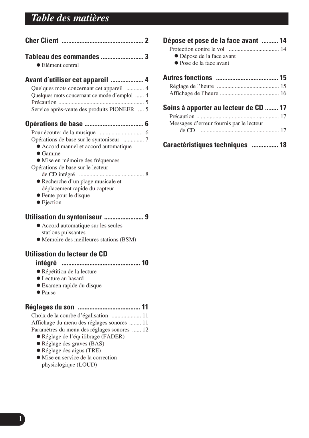 Pioneer DEH-1100, DEH-21 DEH-11, DEH-2100 operation manual Table des matières, Utilisation du lecteur de CD 