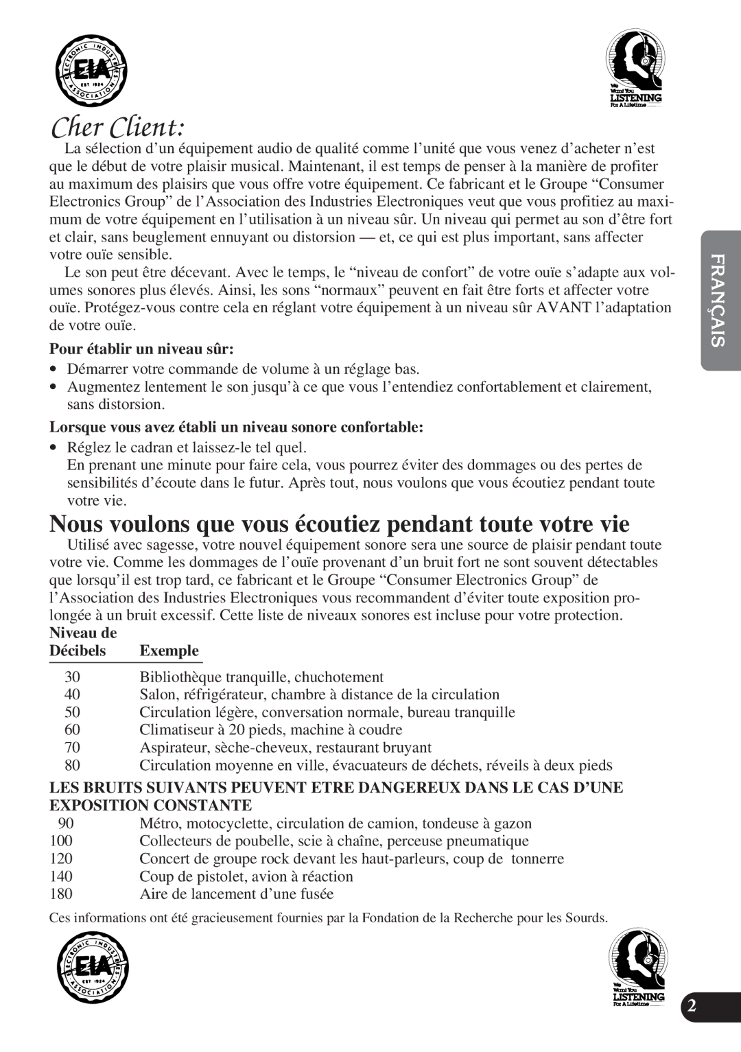 Pioneer DEH-21 DEH-11, DEH-2100, DEH-1100 Pour établir un niveau sûr, Lorsque vous avez établi un niveau sonore confortable 