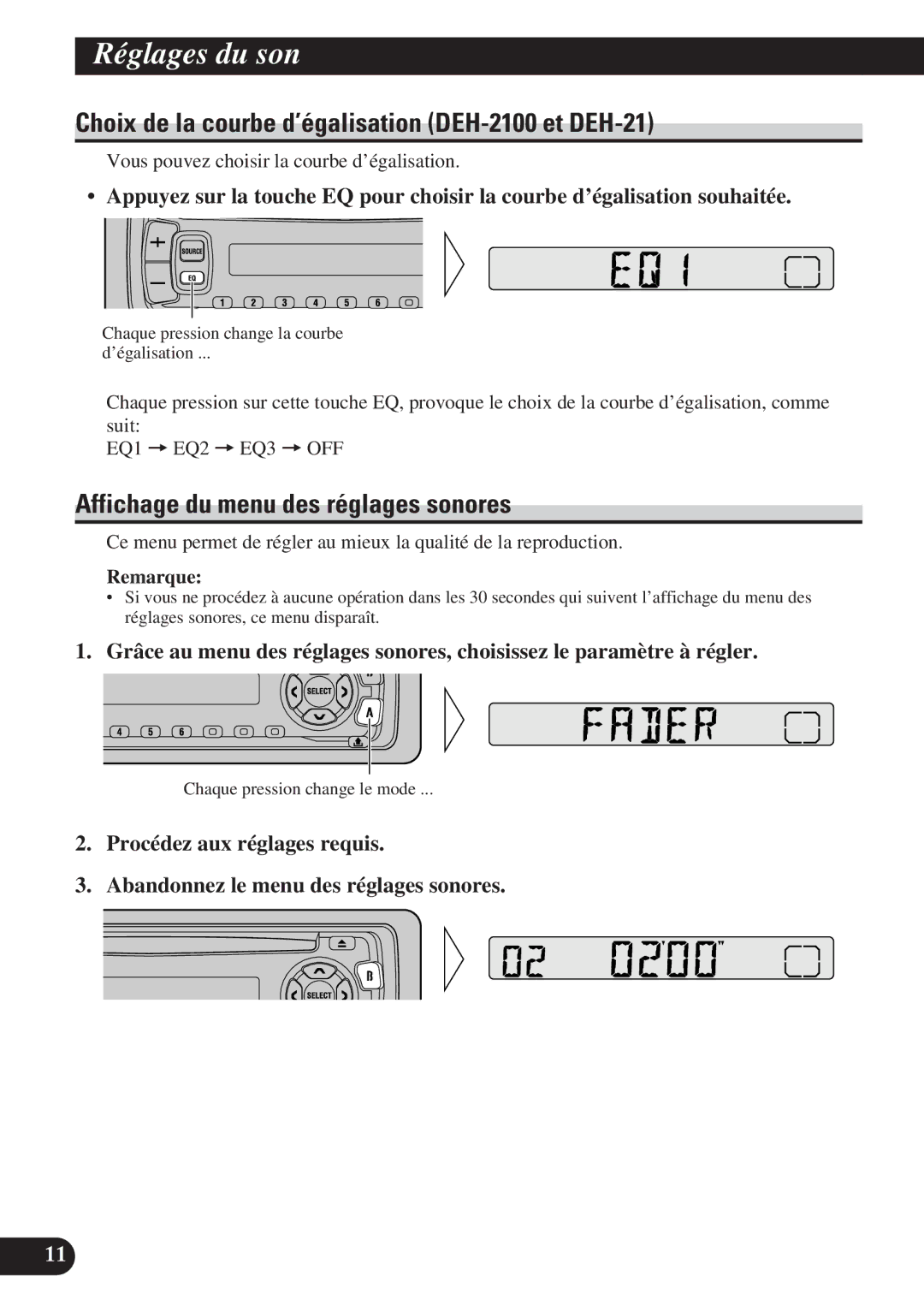 Pioneer DEH-21 DEH-11, DEH-1100 operation manual Réglages du son, Choix de la courbe d’égalisation DEH-2100 et DEH-21 