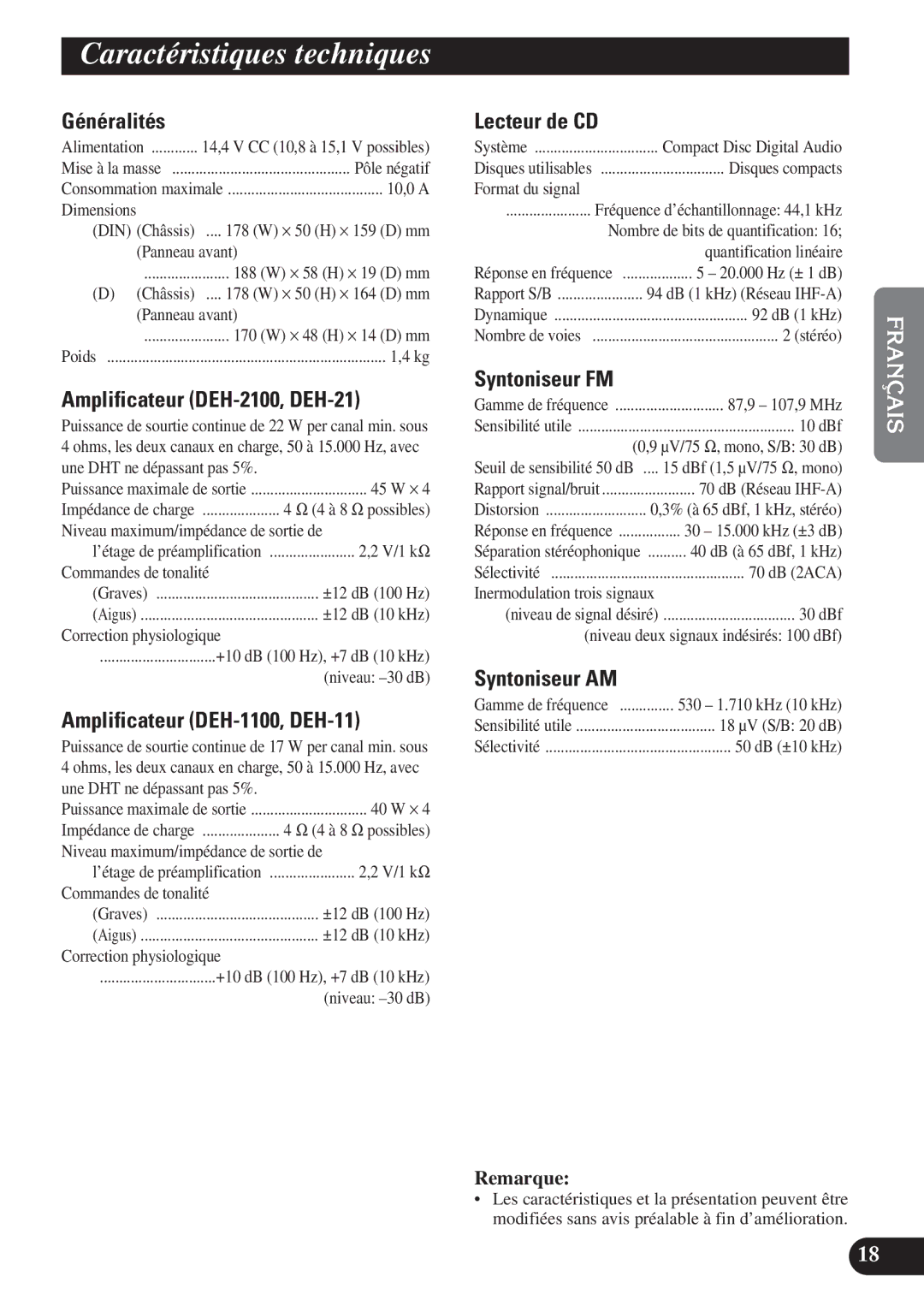 Pioneer DEH-2100, DEH-21 DEH-11, DEH-1100 operation manual Caractéristiques techniques 