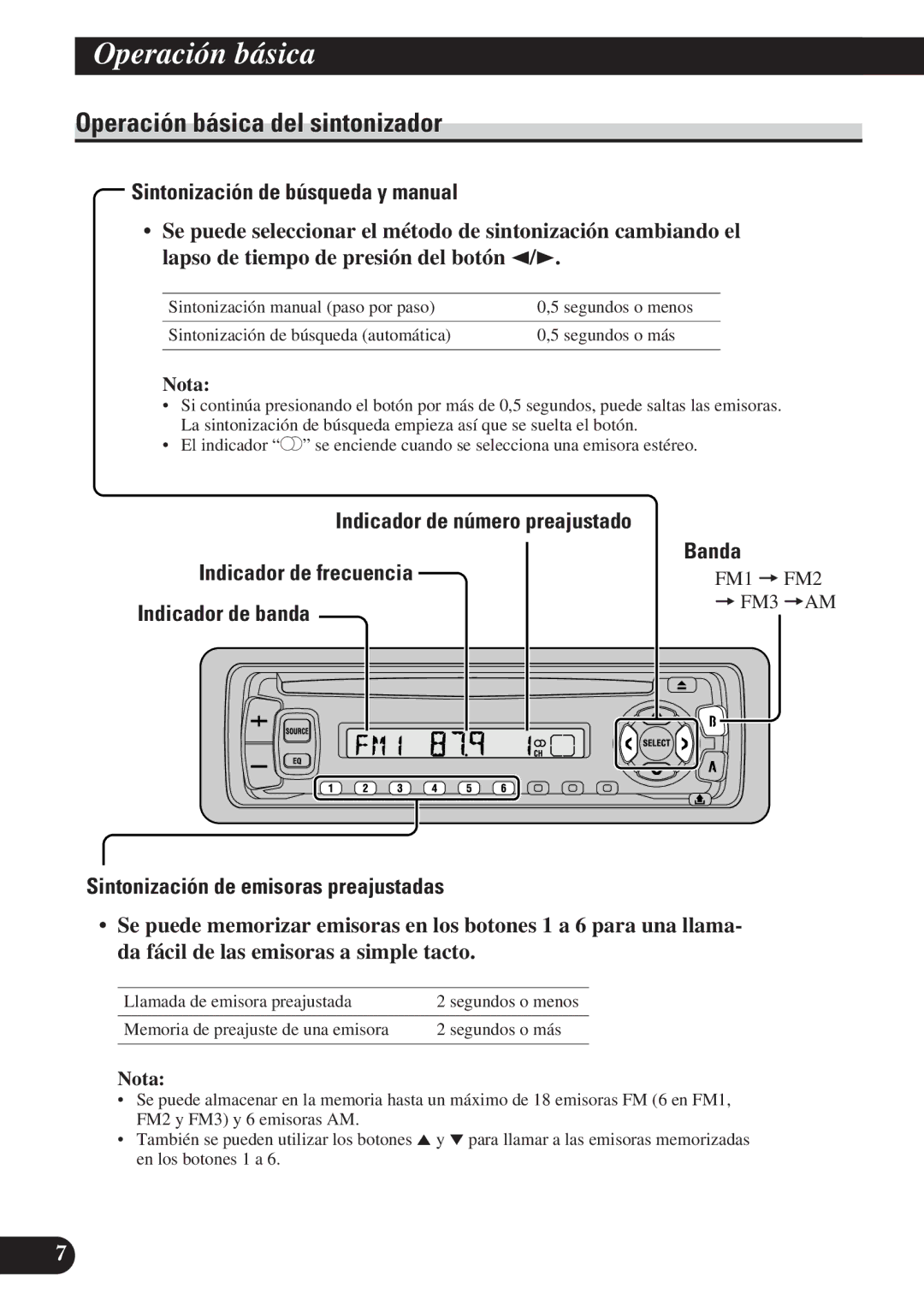 Pioneer DEH-1100 Operación básica del sintonizador, Sintonización de búsqueda y manual, Indicador de frecuencia Banda 