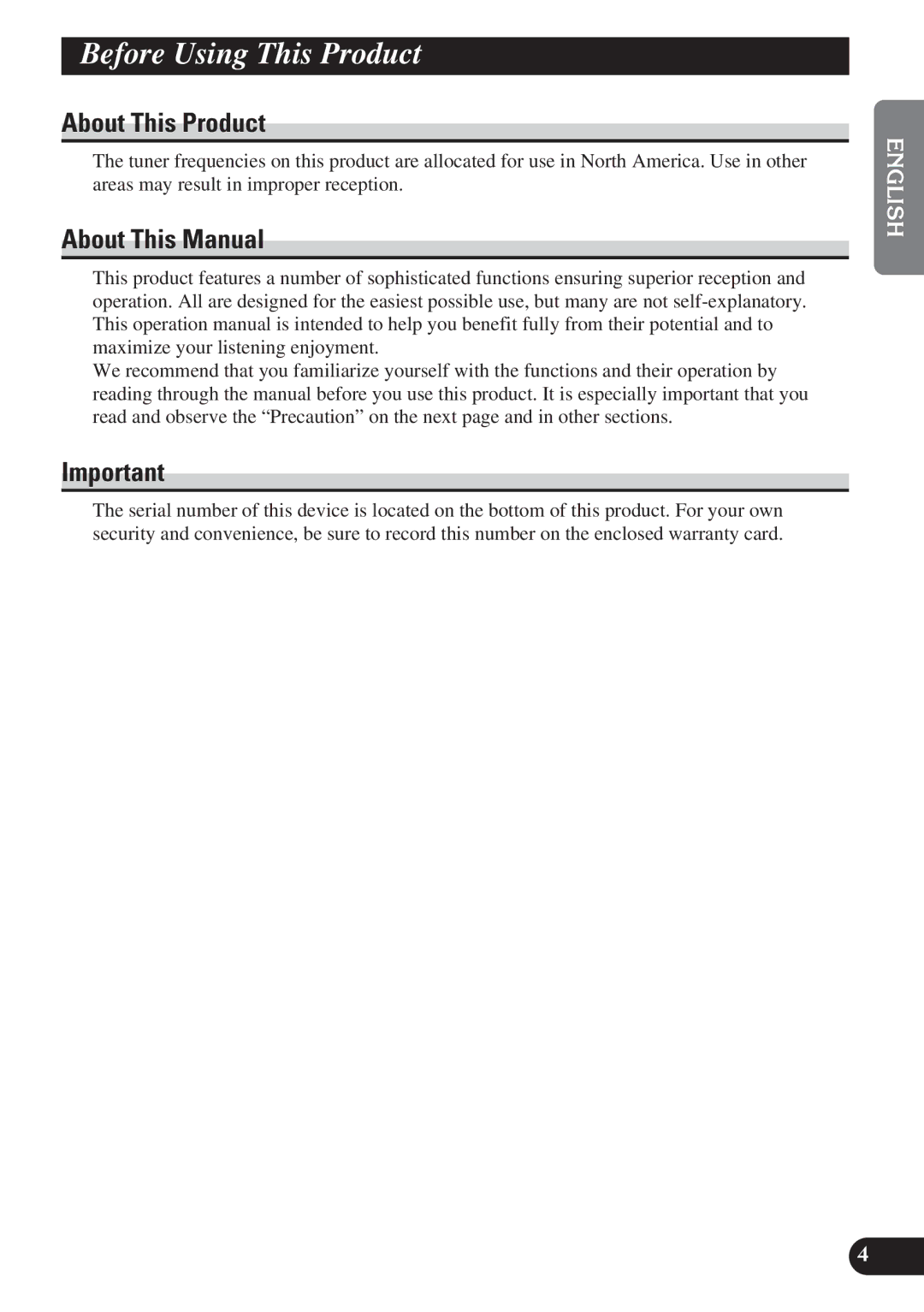 Pioneer DEH-1100, DEH-21 DEH-11, DEH-2100 BeforA Title UsingEnglishThis Product, About This Product, About This Manual 