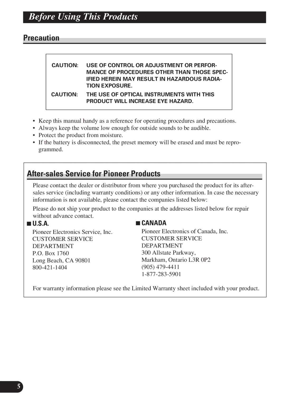 Pioneer DEH-21 DEH-11 BeforA Title UsingEnglishThis Products, Precaution, After-sales Service for Pioneer Products, 7U.S.A 