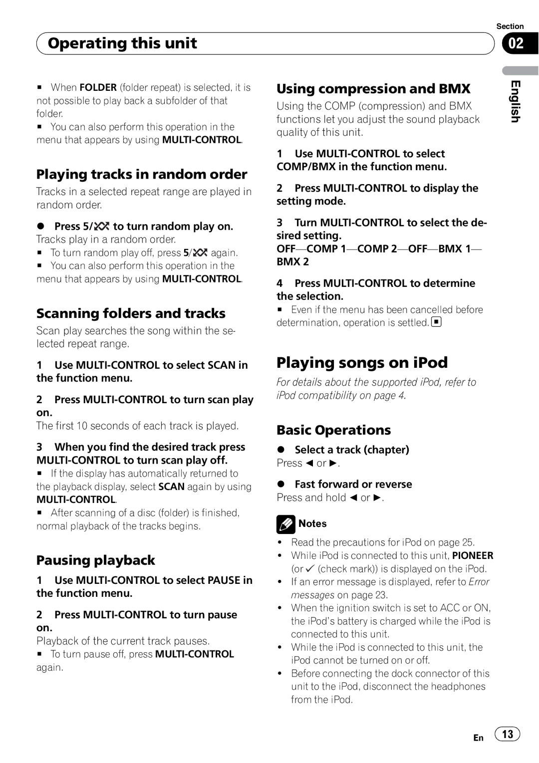Pioneer DEH-2100IB Playing songs on iPod, Playing tracks in random order, Scanning folders and tracks, Pausing playback 