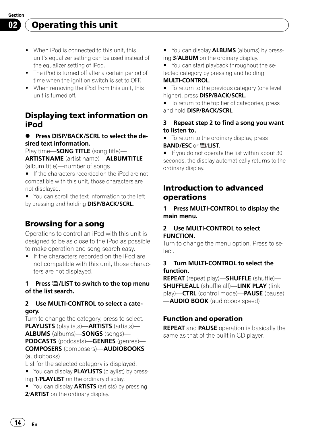 Pioneer DEH-2100IB owner manual Displaying text information on iPod, Browsing for a song, Function and operation 