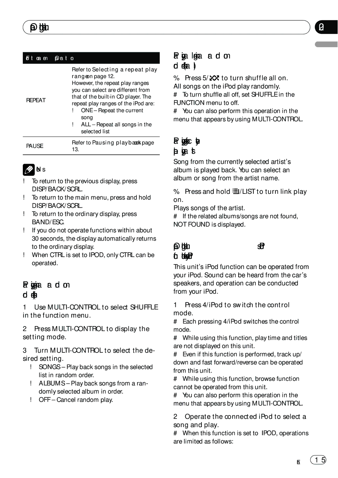 Pioneer DEH-2100IB owner manual Playing songs in a random order shuffle, Playing all songs in a random order shuffle all 