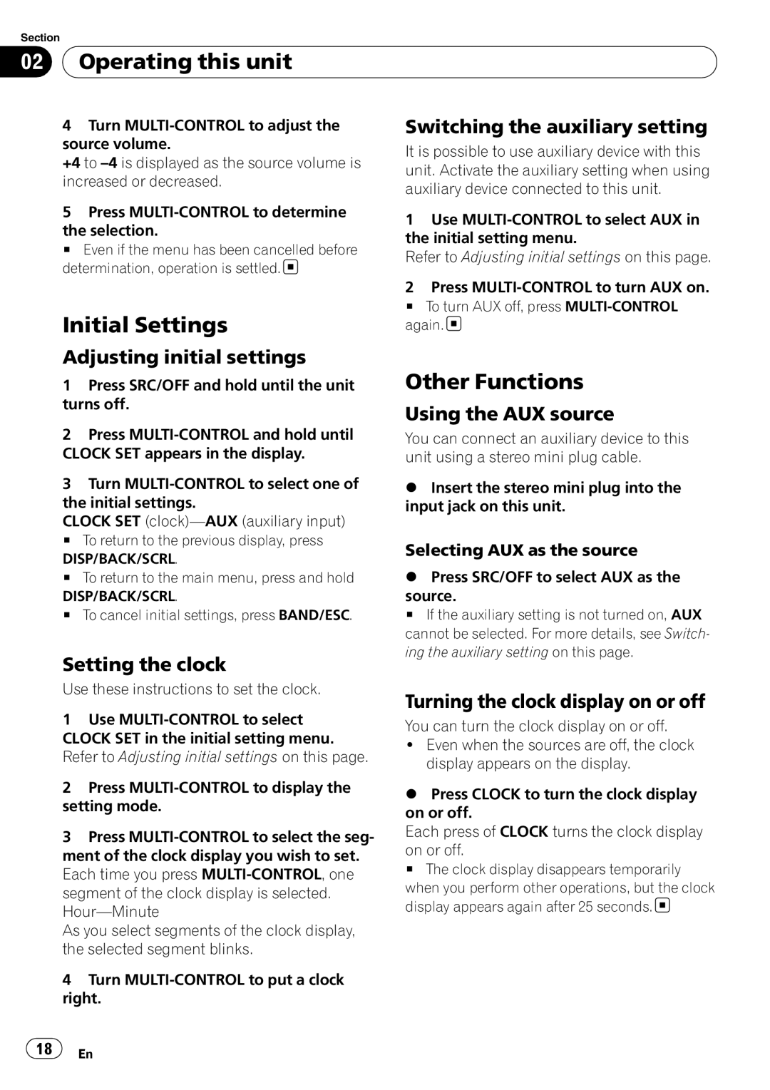 Pioneer DEH-2100IB owner manual Initial Settings, Other Functions 