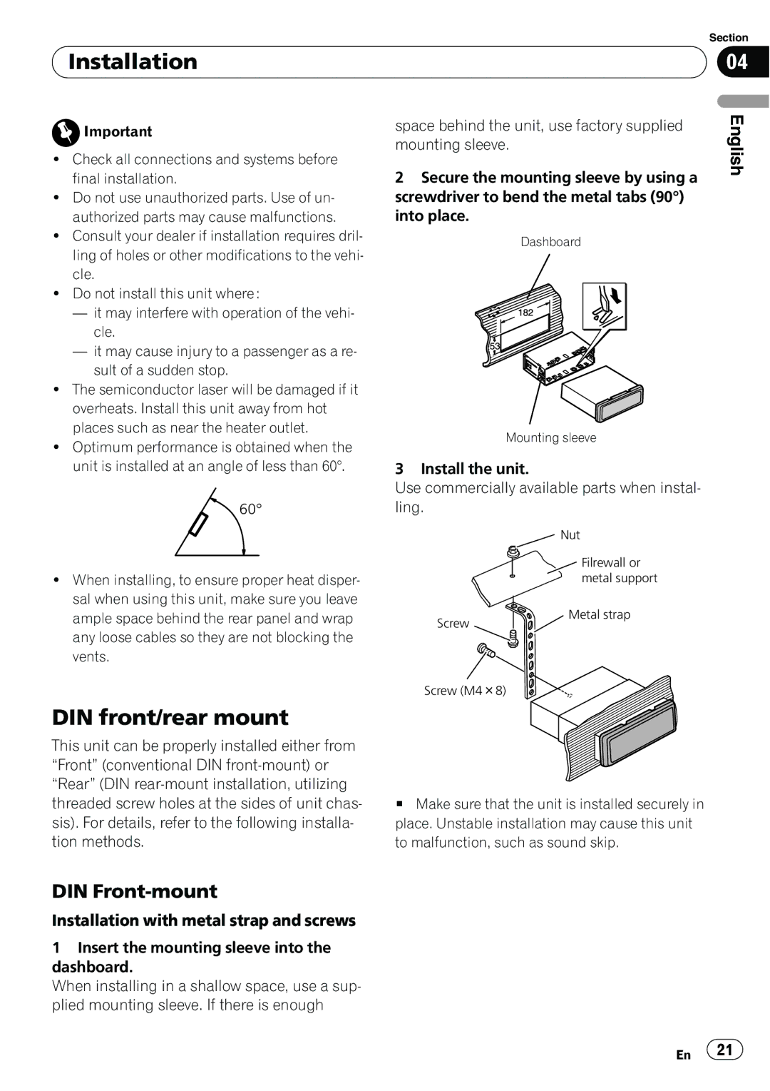 Pioneer DEH-2100IB owner manual DIN front/rear mount, DIN Front-mount, Installation with metal strap and screws 