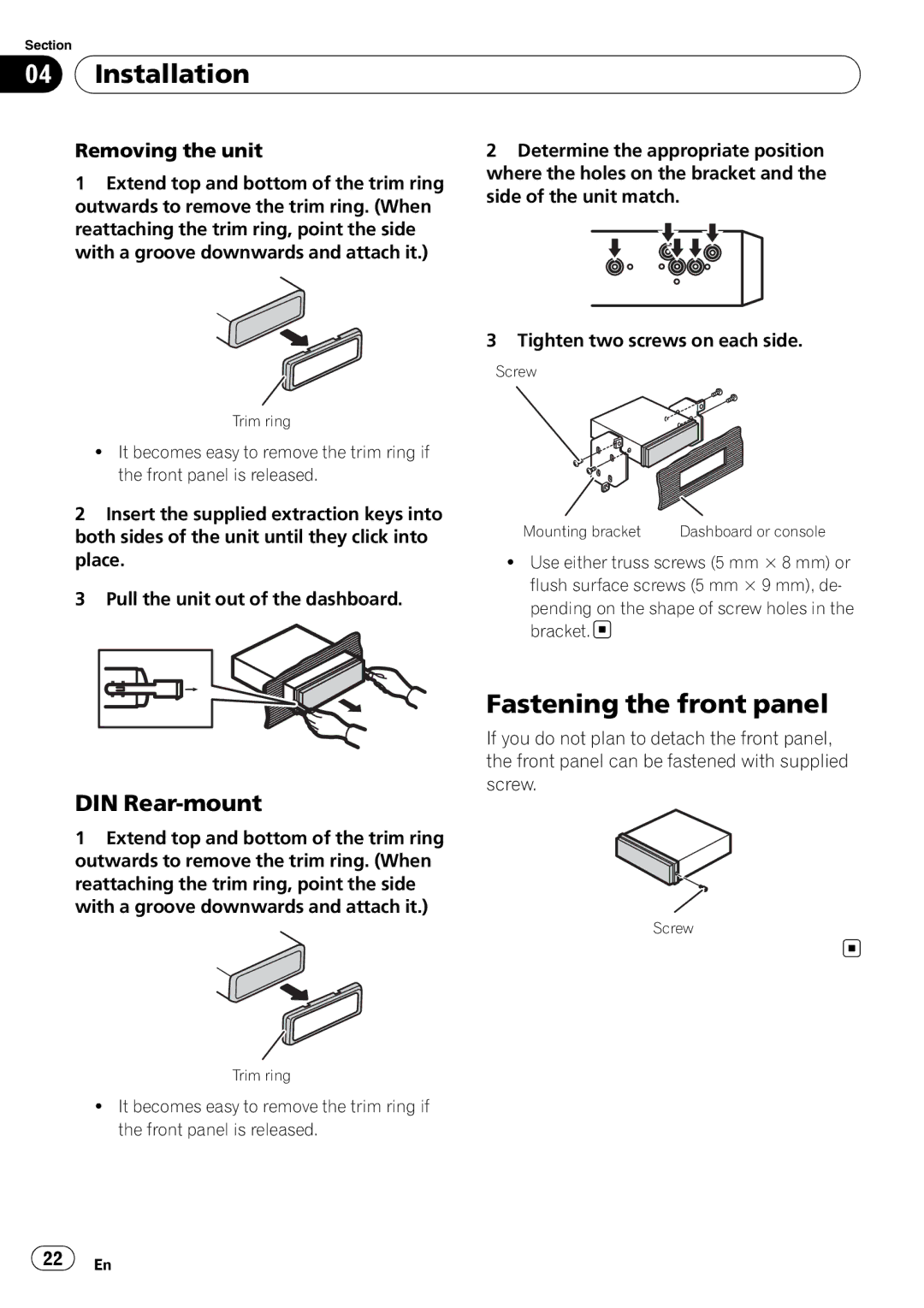 Pioneer DEH-2100IB owner manual Fastening the front panel, DIN Rear-mount, Removing the unit 