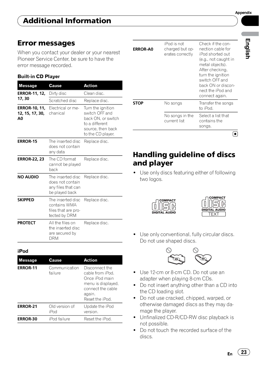 Pioneer DEH-2100IB owner manual Additional Information Error messages, Handling guideline of discs and player 