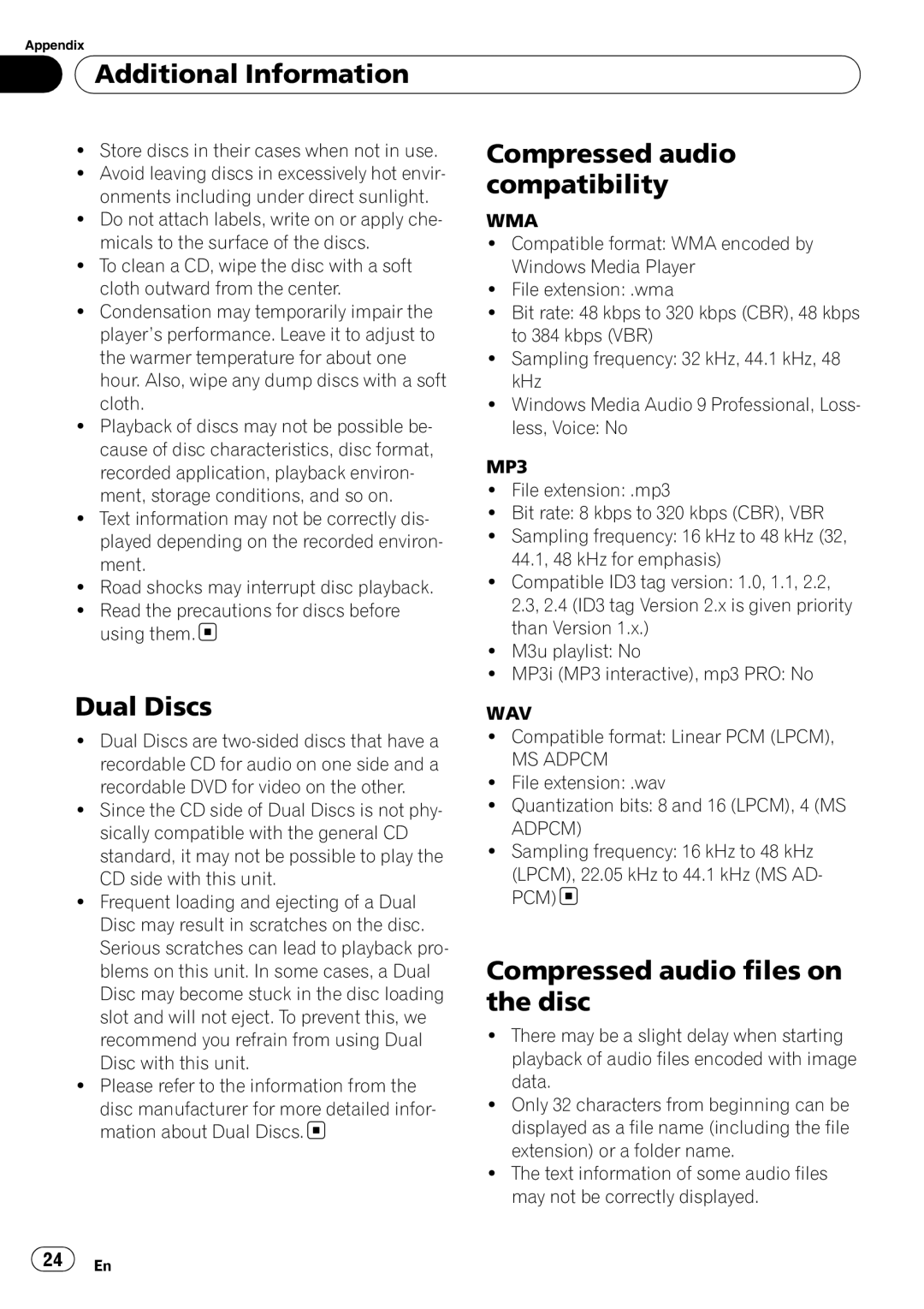 Pioneer DEH-2100IB owner manual Additional Information, Compatibility, Dual Discs, Compressed audio files on the disc 