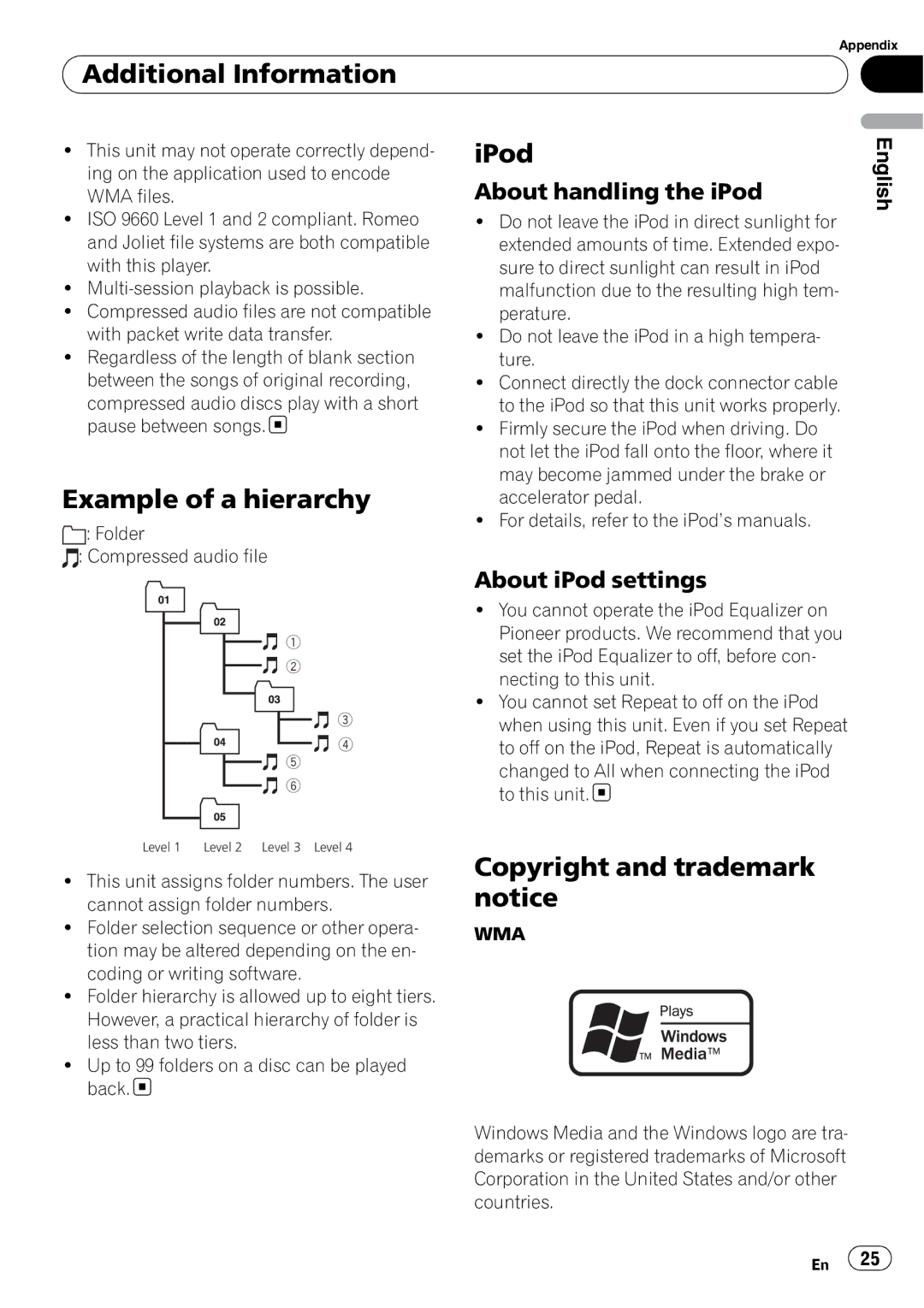 Pioneer DEH-2100IB owner manual Example of a hierarchy, IPod, Copyright and trademark notice, About handling the iPod 