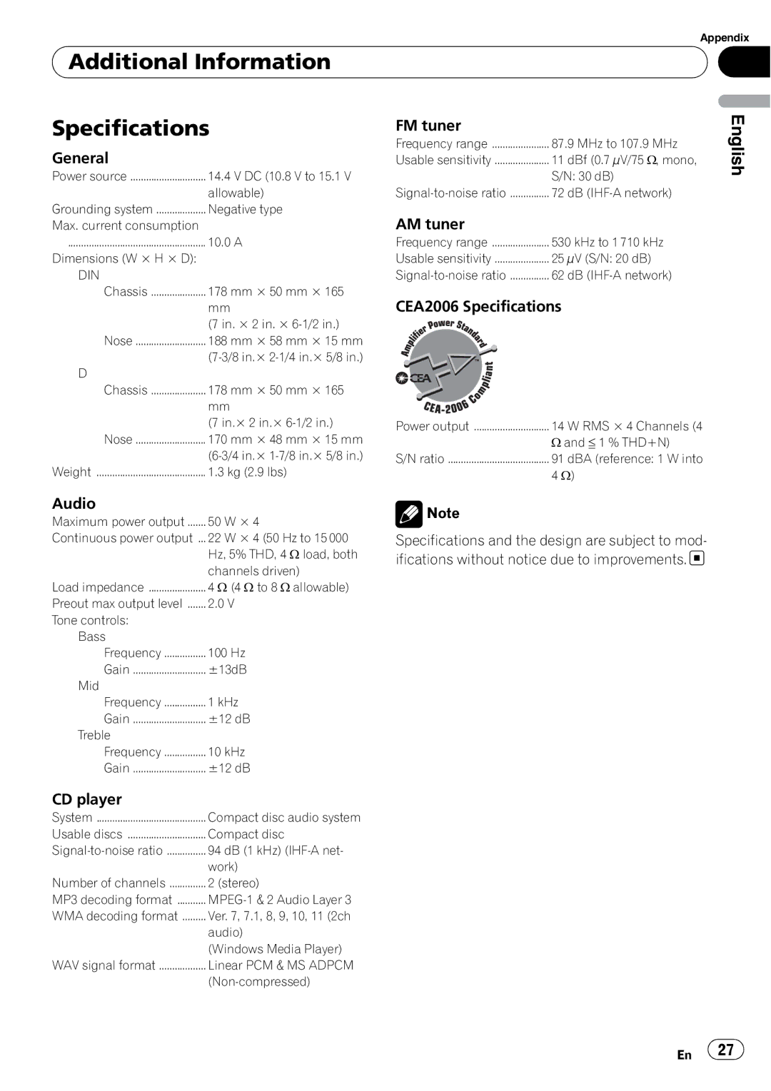 Pioneer DEH-2100IB owner manual Additional Information Specifications 