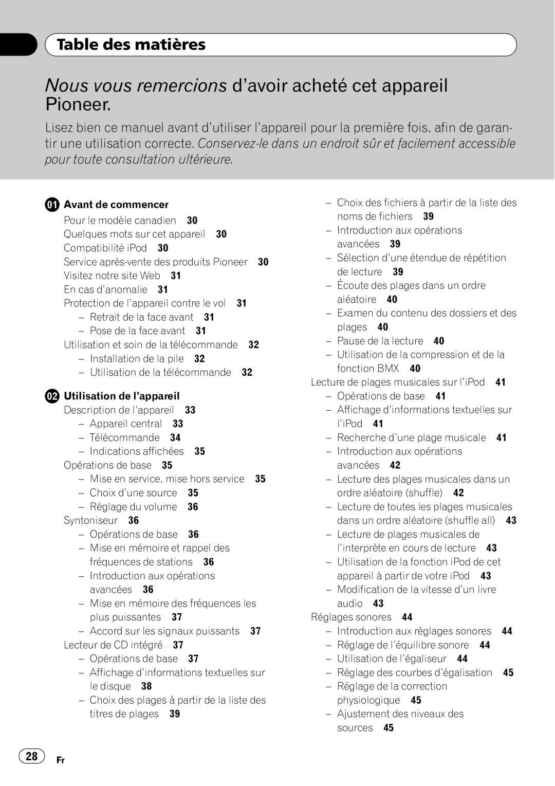 Pioneer DEH-2100IB owner manual Table des matières, Choix d’une source Réglage du volume Syntoniseur 