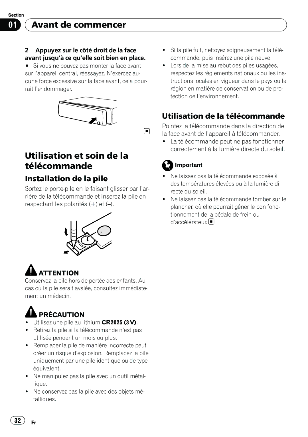 Pioneer DEH-2100IB Utilisation et soin de la télécommande, Installation de la pile, Utilisation de la télécommande 