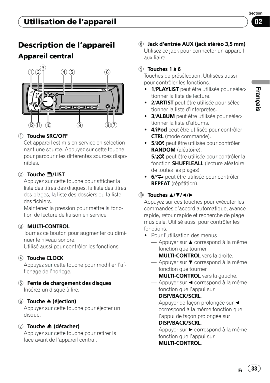 Pioneer DEH-2100IB owner manual Utilisation de l’appareil Description de l’appareil, Appareil central 