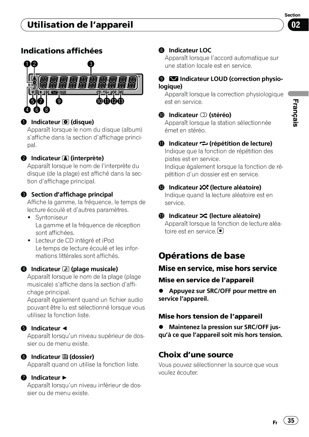 Pioneer DEH-2100IB Opérations de base, Indications affichées, Mise en service, mise hors service, Choix d’une source 