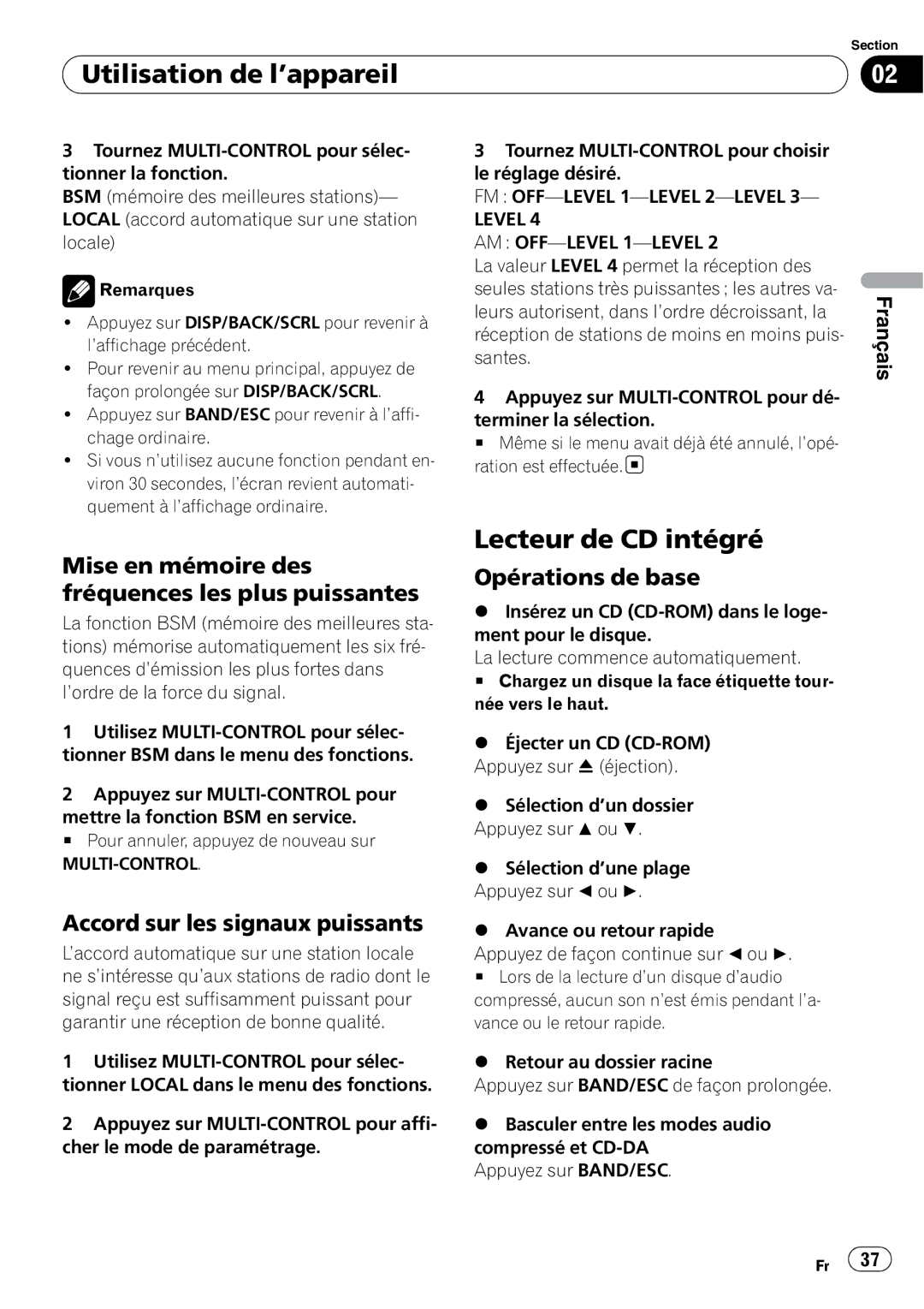 Pioneer DEH-2100IB owner manual Lecteur de CD intégré, Mise en mémoire des fréquences les plus puissantes 