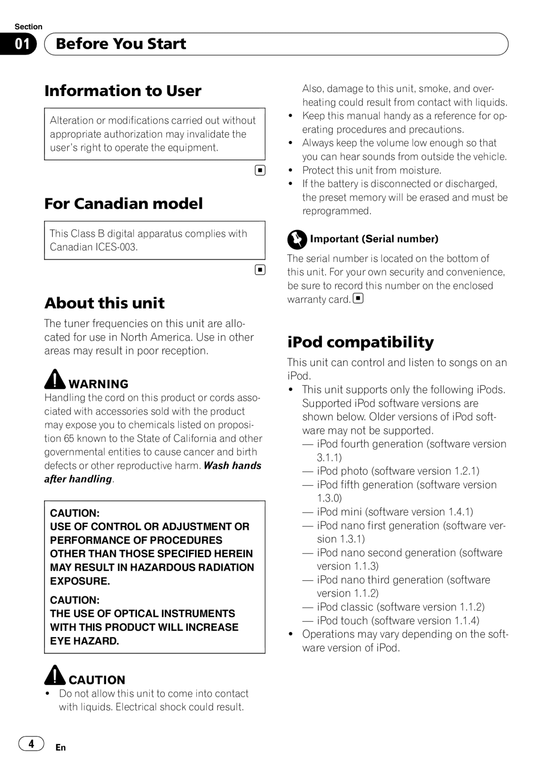 Pioneer DEH-2100IB Before You Start Information to User, For Canadian model, About this unit, IPod compatibility 
