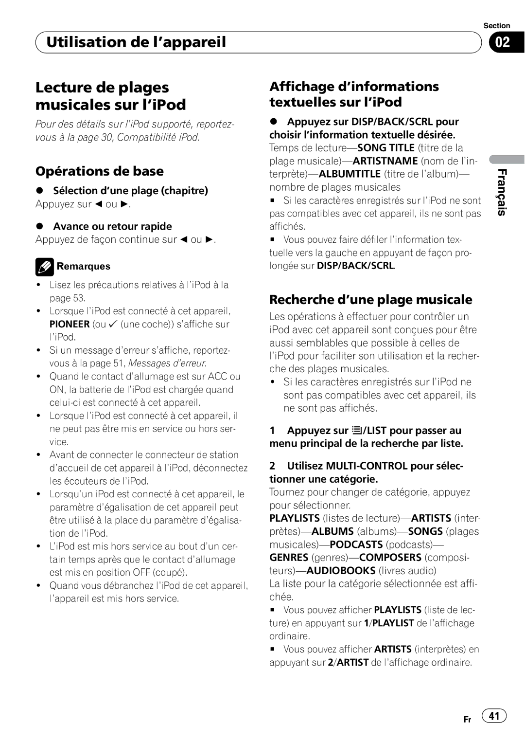 Pioneer DEH-2100IB owner manual Utilisation de l’appareil Lecture de plages, Musicales sur l’iPod, Affichage d’informations 