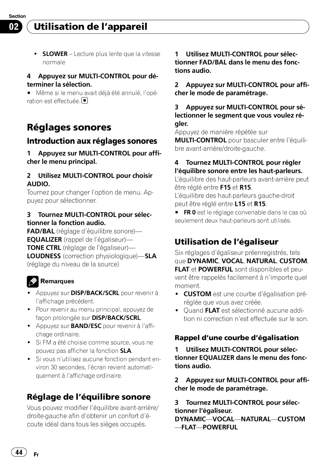 Pioneer DEH-2100IB owner manual Réglages sonores, Introduction aux réglages sonores, Utilisation de l’égaliseur 