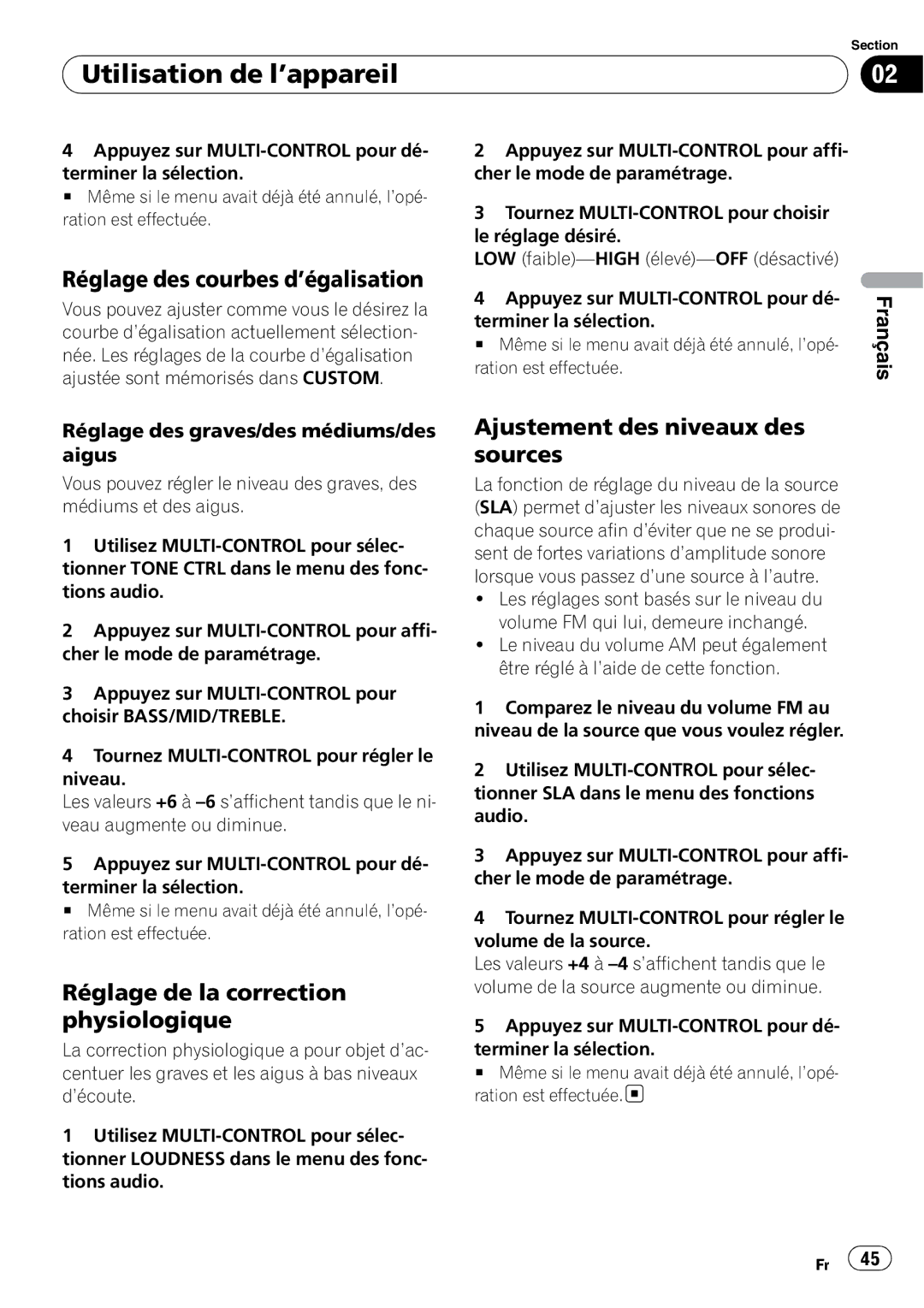 Pioneer DEH-2100IB owner manual Réglage des courbes d’égalisation, Réglage de la correction physiologique 