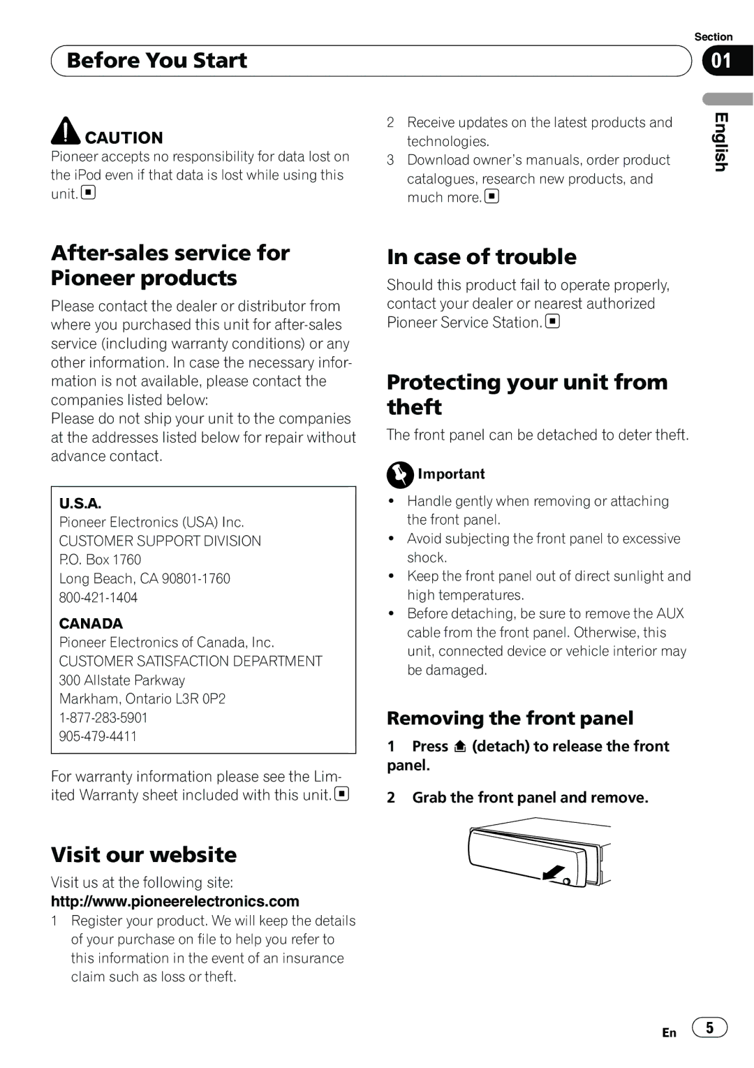 Pioneer DEH-2100IB Before You Start, After-sales service for Pioneer products, Case of trouble, Visit our website 