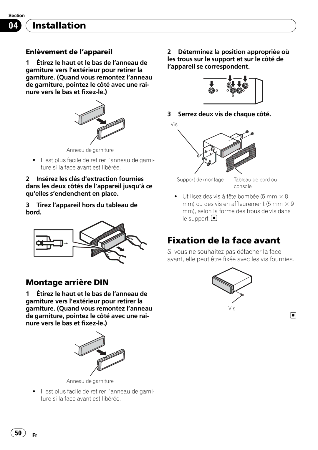 Pioneer DEH-2100IB owner manual Fixation de la face avant, Montage arrière DIN, Enlèvement de l’appareil 