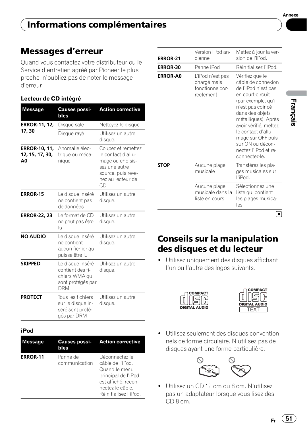 Pioneer DEH-2100IB Informations complémentaires Messages d’erreur, Conseils sur la manipulation des disques et du lecteur 