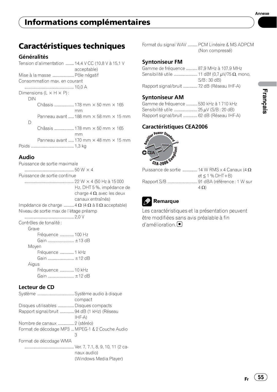 Pioneer DEH-2100IB owner manual Informations complémentaires Caractéristiques techniques 