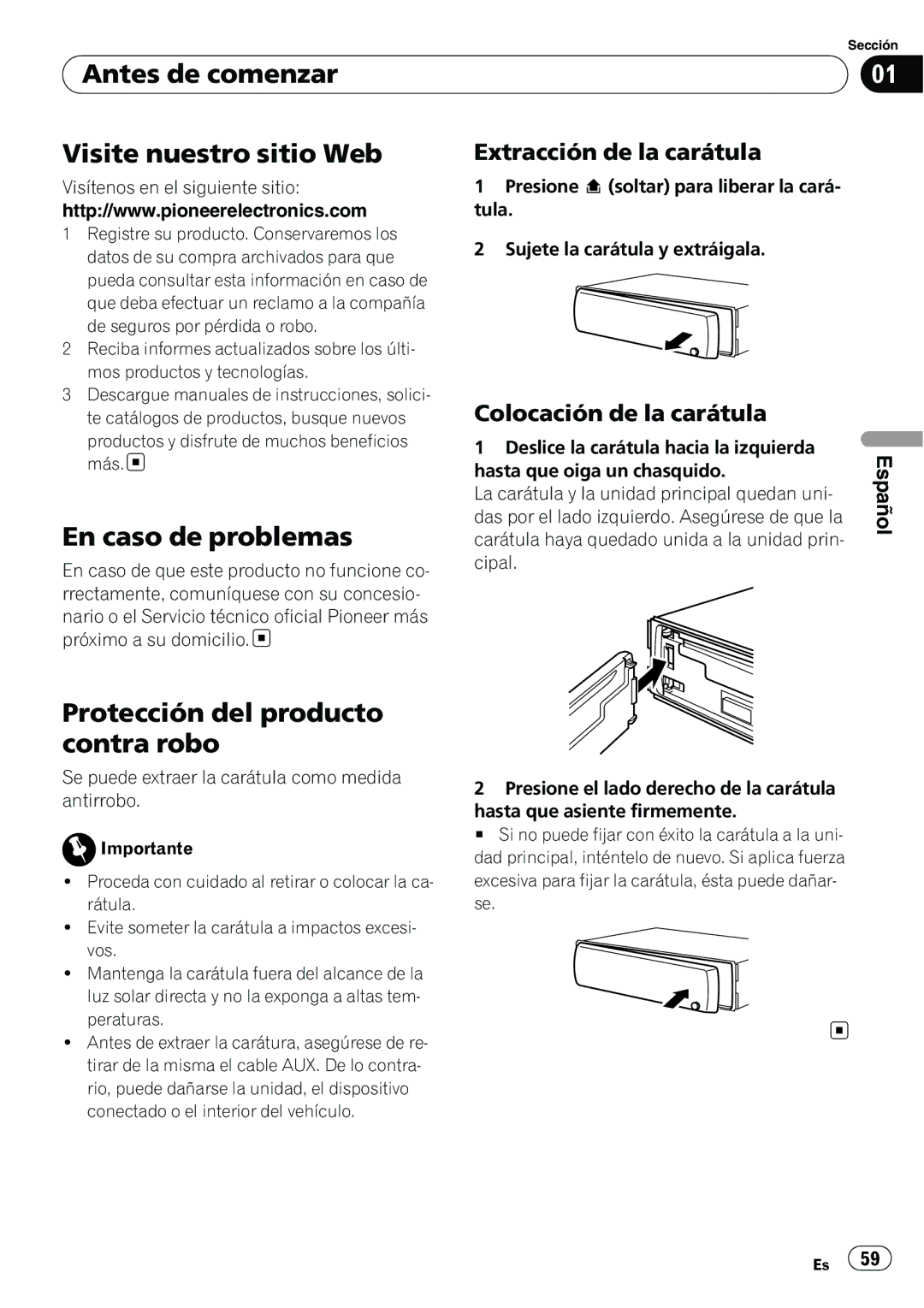 Pioneer DEH-2100IB Antes de comenzar Visite nuestro sitio Web, En caso de problemas, Protección del producto contra robo 