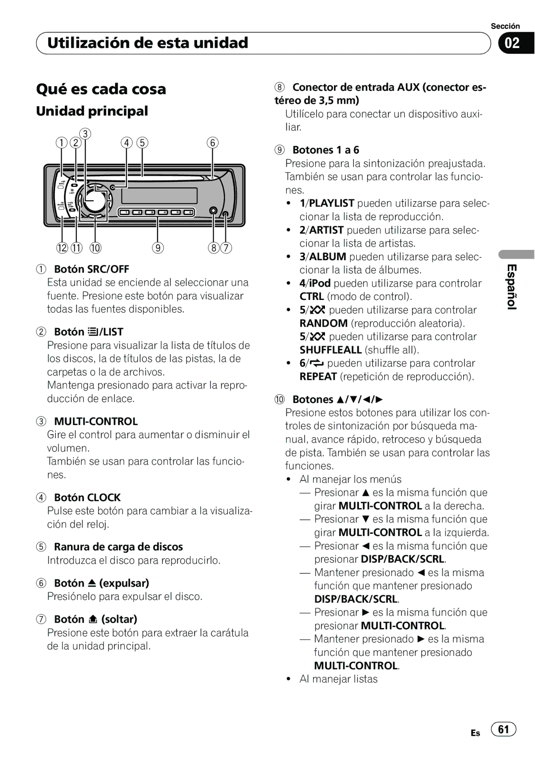 Pioneer DEH-2100IB owner manual Utilización de esta unidad Qué es cada cosa, Unidad principal 