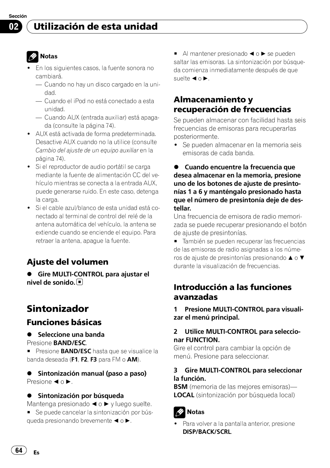 Pioneer DEH-2100IB Sintonizador, Ajuste del volumen, Almacenamiento y recuperación de frecuencias, Funciones básicas 