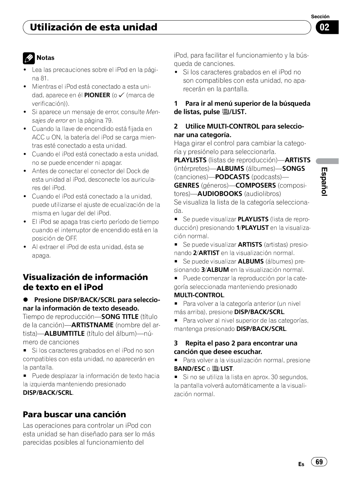 Pioneer DEH-2100IB owner manual Visualización de información de texto en el iPod, Para buscar una canción 